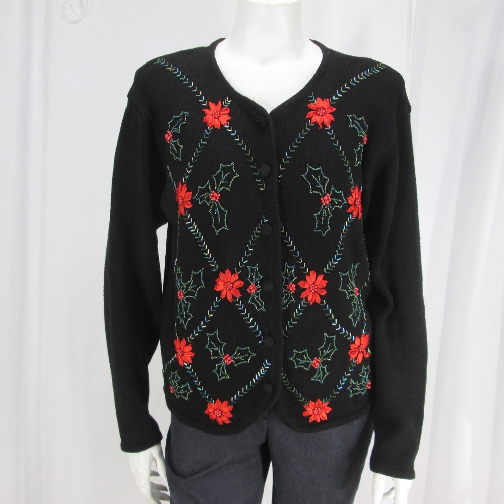 sz Medium Black w/ Red Beaded LS Cardigan